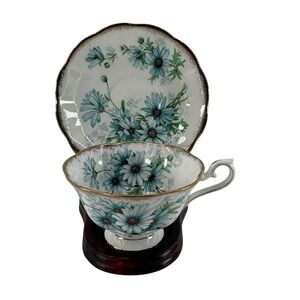 Royal Albert Bone China Marguerite Teacup Saucer Set Blue Floral Gold Rim VTG